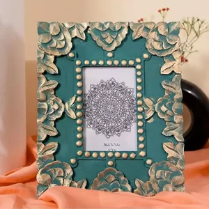 Wooden Carving Photo Frame 5x7 Inch – Handcrafted Turquoise and Golden Antique Finish Decorative Picture Frame for Wall and Tabletop