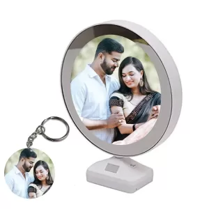 Personalized Magic Mirror Photo Frame with LED light, 10 inch round white tabletop frame customized with photo