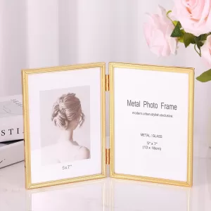 COOL ART Metal Folding Double Photo Frame – Gold 5x7 inch floating tabletop frame holding two photos, perfect for home décor, office desk, anniversaries, and birthdays