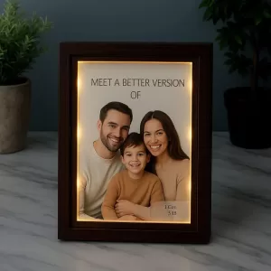COOL ART Wooden LED Photo Frame – Brown Silver 4x6 inch light-up photo frame for desktop, tabletop, and wall hanging, perfect for home décor, office desk, and gifting