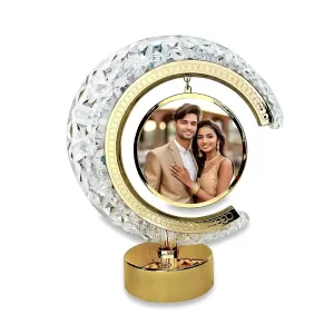 COOL ART Half Moon LED Table Lamp featuring a golden crystal design with LED illumination and customizable digital photo frame for home décor and gifting