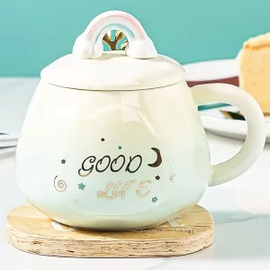 Ceramic Rainbow Coffee Mug with lid and spoon – Unicorn pastel coffee cup 300ml gift for girls and boys