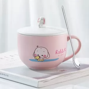 Ceramic Panda Noodle Bowl 450ml pink – Cute panda printed mug with lid and spoon for noodles, soup, coffee, and snacks Ceramic Panda Noodle Bowl