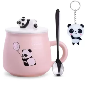 Ceramic Panda Mug with Lid and Spoon, Pink Coffee Tea Cup 325 ml – Cute Birthday Gift for Girls, Friends, Panda Lovers Ceramic Panda Mug