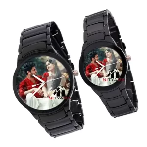 Personalized couple photo watch gift with silver black dial for men and women